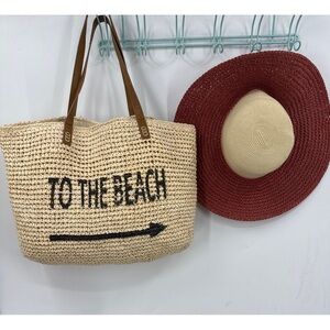 Two piece Straw to the Beach Tote Bag/ color block floppy hat